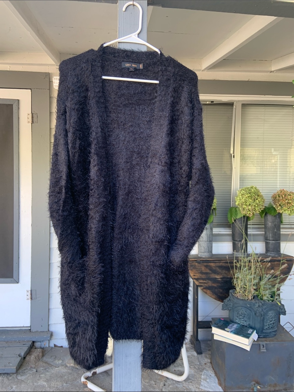 Love Tree Black Fuzzy Open-Front Cardigan with Pockets
